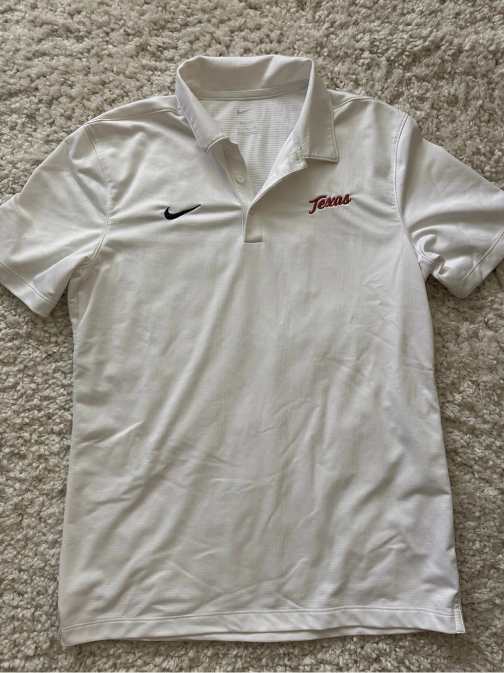 Nike White Polo with Red Texas Script and Black Swoosh